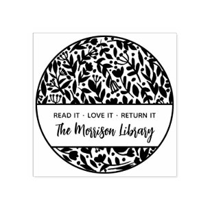 Bold Floral Botanical Round Library Name Bookplate Rubber Stamp