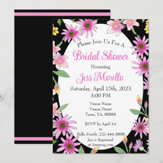 Bold Floral Bridal Shower Black Pink Watercolor Invitation