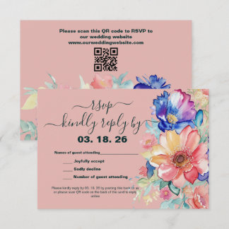 Bold Floral Coral Blush Pink Wedding  RSVP Card