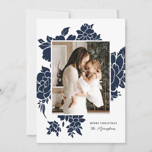 Bold Floral Cutout | Navy | Photo Christmas   Holiday Card (Front)