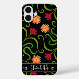   Bold Floral Damask Sunflower Boho Black Folk Art iPhone 16 Plus Case