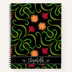  Bold Floral Damask Sunflower Boho Black Folk Art Notebook