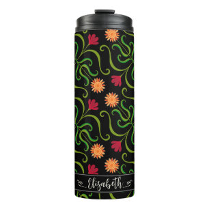 Bold Floral Damask Sunflower Boho Black Folk Art Thermal Tumbler