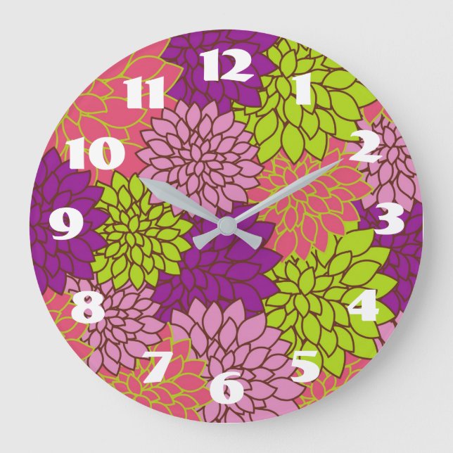 Bold Floral Design in Lime Green, Pink, Purple Large Clock (Front)