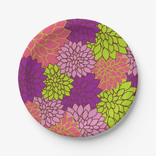 Bold Floral Design in Lime Green, Pink, Purple Paper Plate (Front)
