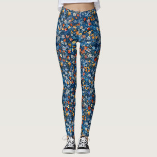 Bold Floral Ditsy Patterned Dark Blue Leggings