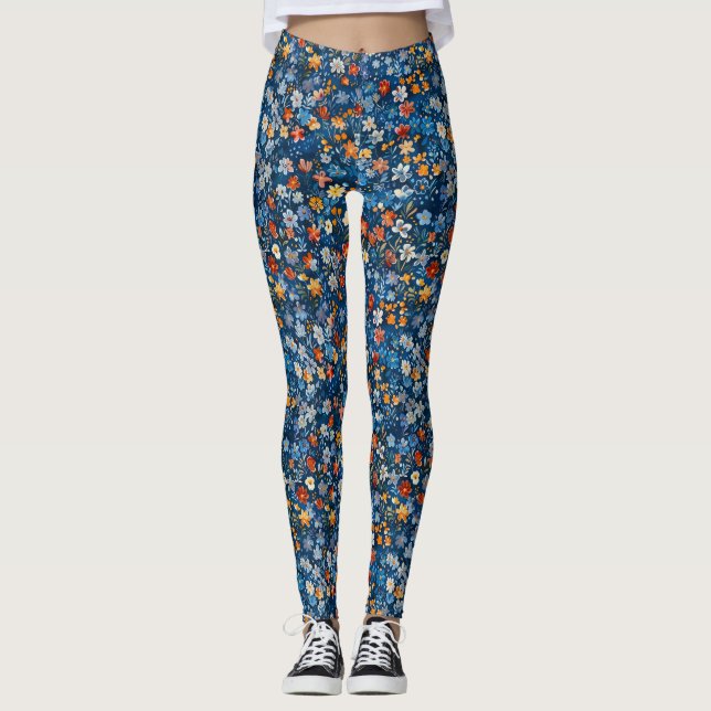 Bold Floral Ditsy Patterned Dark Blue Leggings (Front)