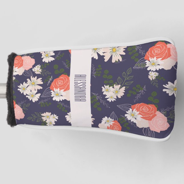 Bold floral doodles in peach pink and navy blue golf head cover (Front)