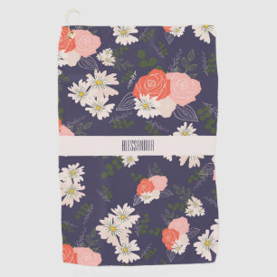 Bold floral doodles in peach pink and navy blue golf towel
