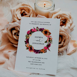 Bold Floral Dramatic and Elegant Wreath Wedding Invitation