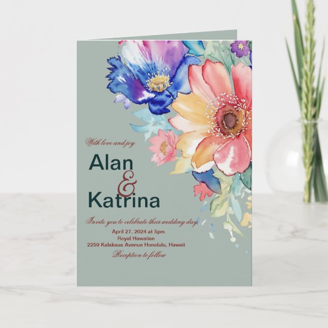 Bold Floral Eucalyptus Green Wedding Folded Invitation (Front)