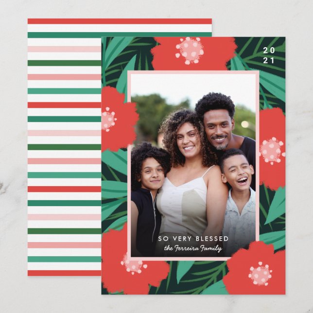 Bold Floral Frame Blessed Christmas Photo Holiday Card (Front/Back)