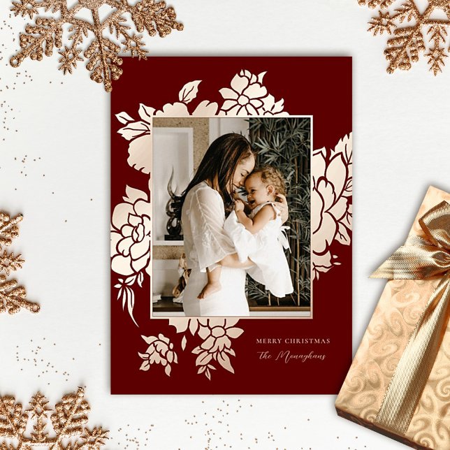 Bold Floral Framed | Burgundy | Photo Christmas    Foil Holiday Card (Creator Uploaded)