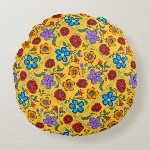 Bold Floral Hand Drawn Pattern Gold Round Cushion