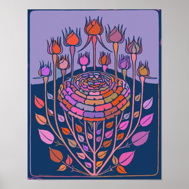 Bold Floral Illustration in Purple and Blue Poster (Front)