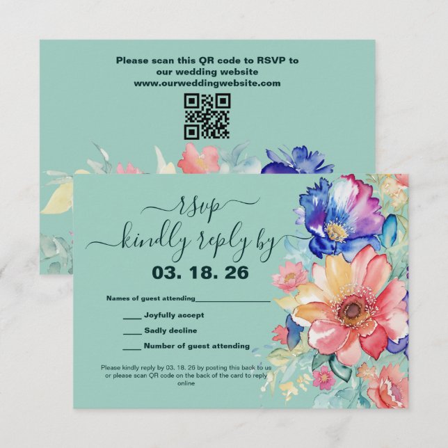 Bold Floral Mint Green Wedding  RSVP Card (Front/Back)