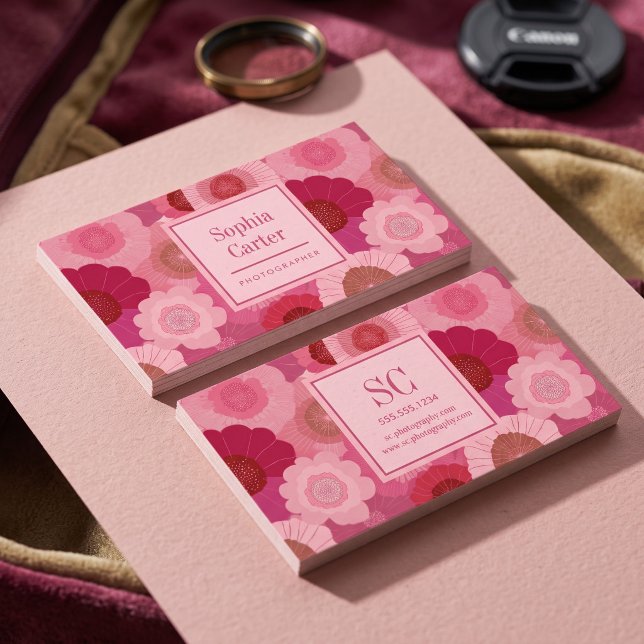 Bold Floral Monogram Design Business Card (Simulated business cards on table)