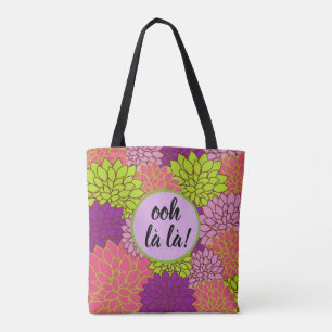 Bold Floral Ooh la la/ Monogram Pink Purple Green Tote Bag