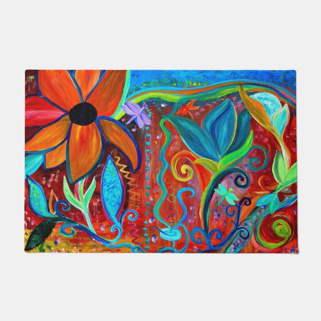 Bold floral orange blue intuitive art rug doormat (Front)