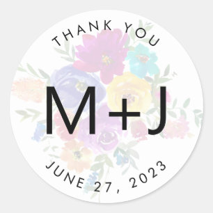 Bold Floral Overlay Monogram Wedding Thank You Classic Round Sticker