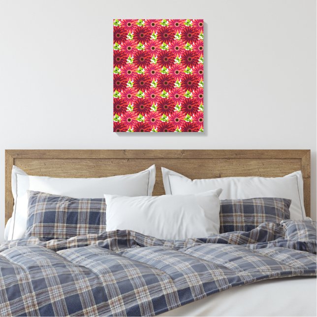 Bold Floral Pattern with Butterflies | Vibrant Red Canvas Print (Insitu(Bedroom))