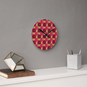 Bold Floral Pattern with Butterflies Vibrant Red Round Clock