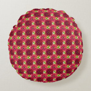 Bold Floral Pattern with Butterflies Vibrant Red Round Cushion