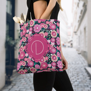 Bold floral patterns monogram pink girly Tote Bag
