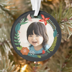 Bold Floral & Pine Personalised Photo Holiday Ornament