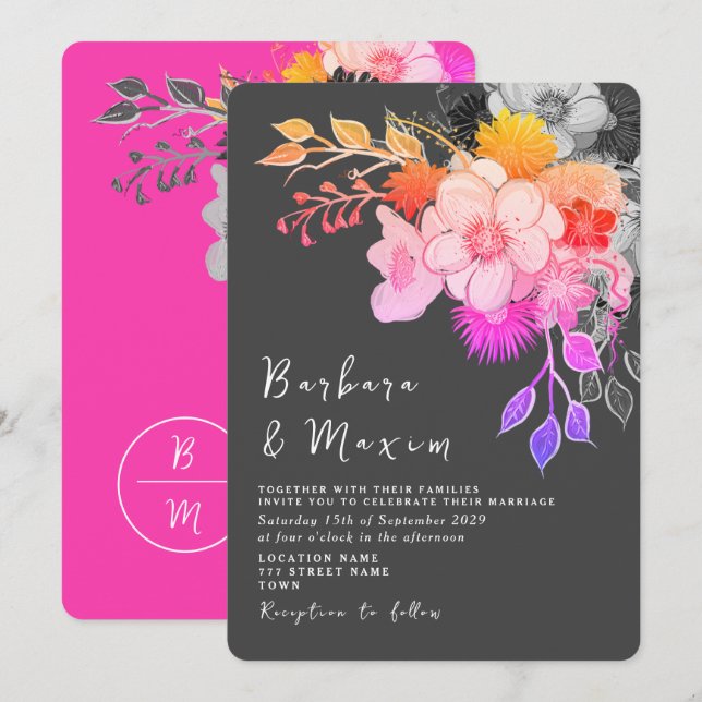 Bold Floral Pink & Black Wedding Invitation (Front/Back)