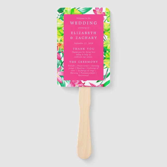 Bold Floral Pink Watercolor Wedding Program Hand Fan (Front)