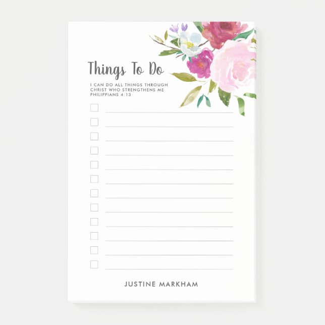 Bold Floral Scripture Personalised To Do List Post-it Notes (Front)