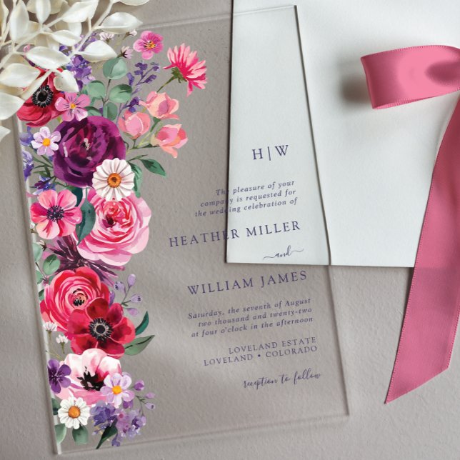 Bold Floral Wedding Acrylic Invitation (Bold Watercolor Floral Monogrammed Wedding Acrylic Invitation by Painted Paperie
)