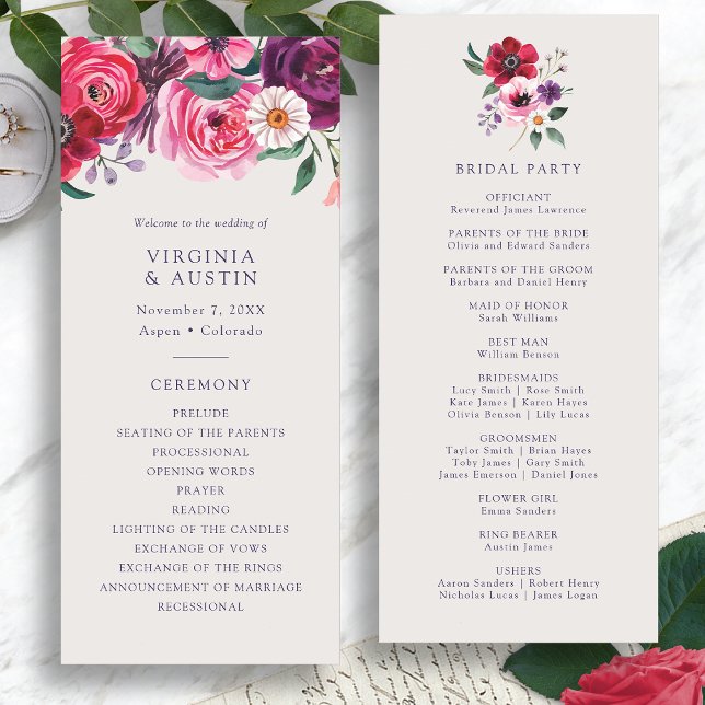 Bold Floral Wedding Program Programme (Bold Floral Watercolor Wedding Program by Painted Paperie
)