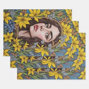 Bold Floral Woman Portrait Wrapping Paper Sheets