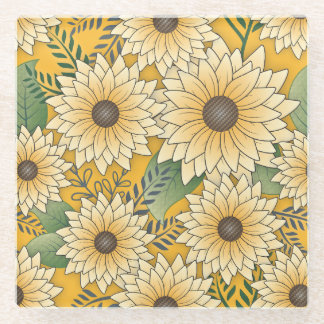 Bold Floral Yellow Sunny Sunflower Garden Glass Coaster
