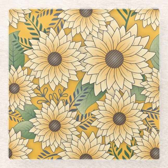 Bold Floral Yellow Sunny Sunflower Garden Glass Coaster (Front)