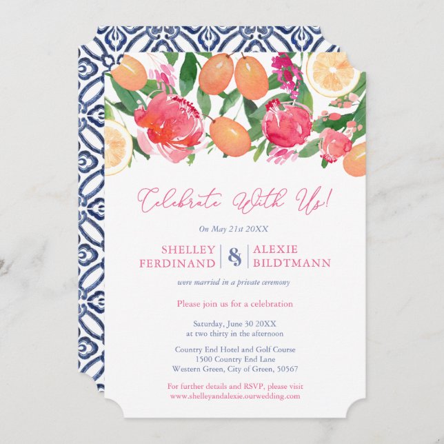 Bold Florals & Citrus Spanish Tiles Reception Only Invitation (Front/Back)