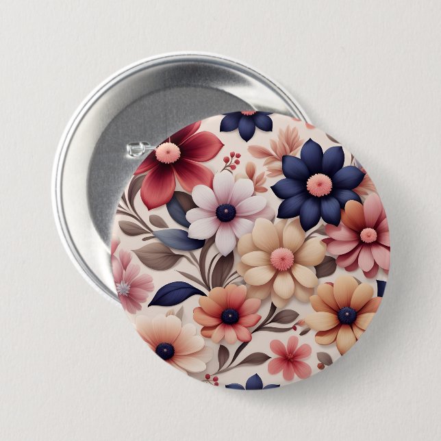 Bold flowers and leaves pattern pink 7.5 cm round badge (Front & Back)