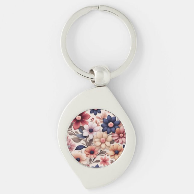 Bold flowers and leaves pattern pink key ring (Front)