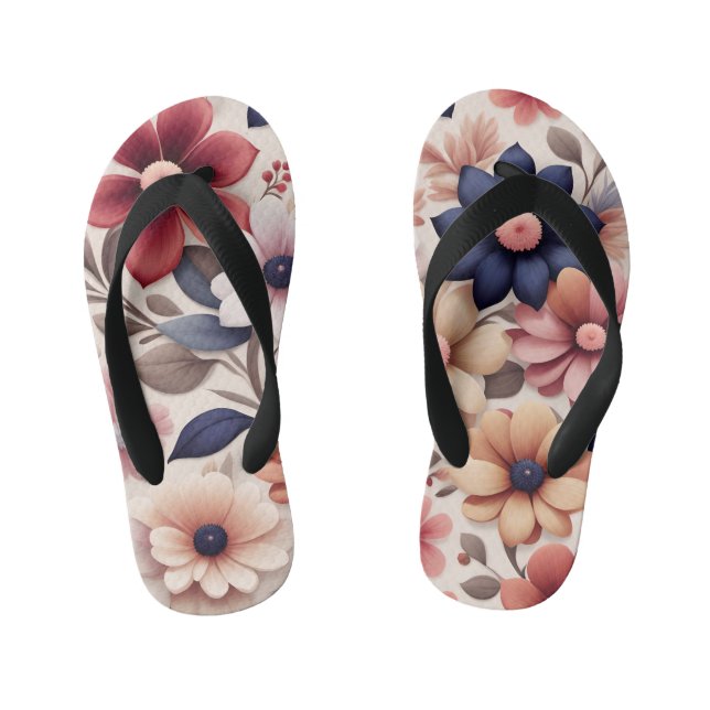 Bold flowers and leaves pattern pink kid's flip flops (Footbed)