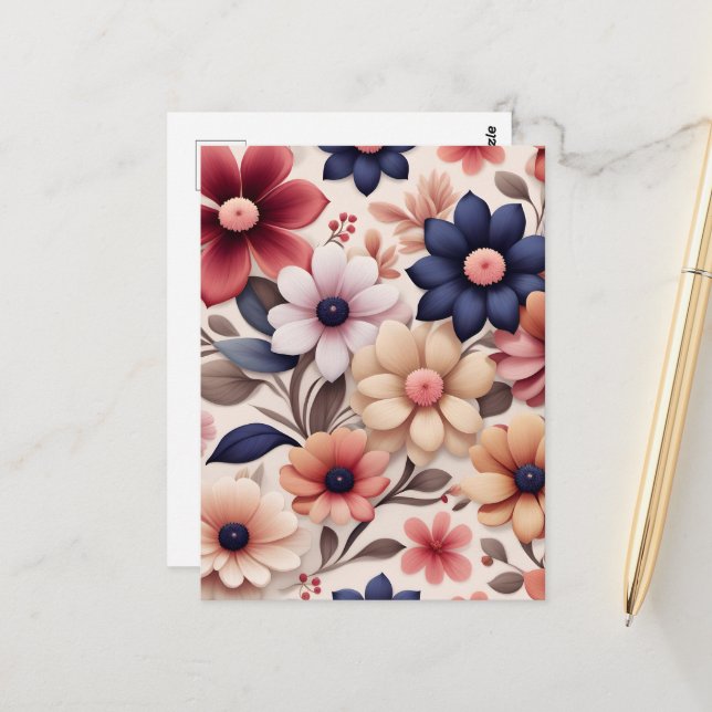 Bold flowers and leaves pattern pink postcard (Front/Back In Situ)