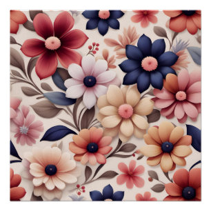 Bold flowers and leaves pattern pink poster