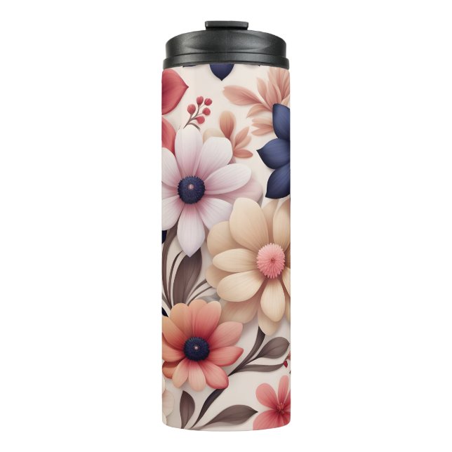 Bold flowers and leaves pattern pink thermal tumbler (Front)