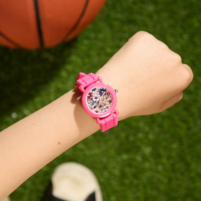 Bold flowers and leaves pattern pink watch (Wrist)