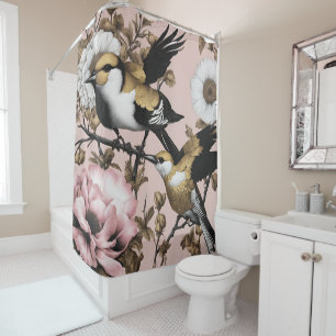 Bold Flowers Birds Pink Gold Modern  Shower Curtain