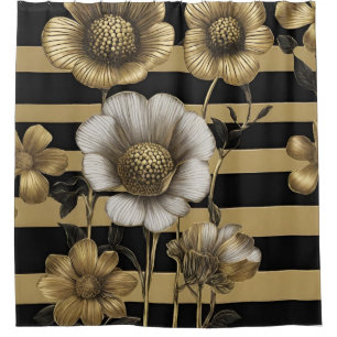 Bold Flowers Black Gold Stripes Shower Curtain