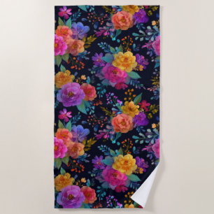 Bold Flowers on Black Vintage Aesthetic Glamorous  Beach Towel
