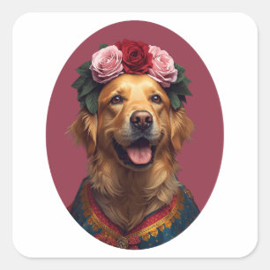Bold Folk Art Self-Portrait Golden Retriever Square Sticker