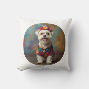 Bold Folk Art Self-Portrait Maltese Cushion